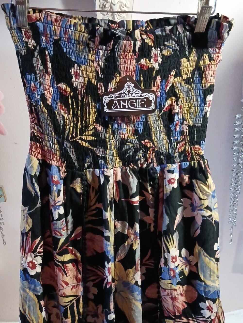 Stunning! ANGIE ⚜️Black Floral Print Smocked Top Open Wide-Leg Jumpsuit L - Picture 2 of 14